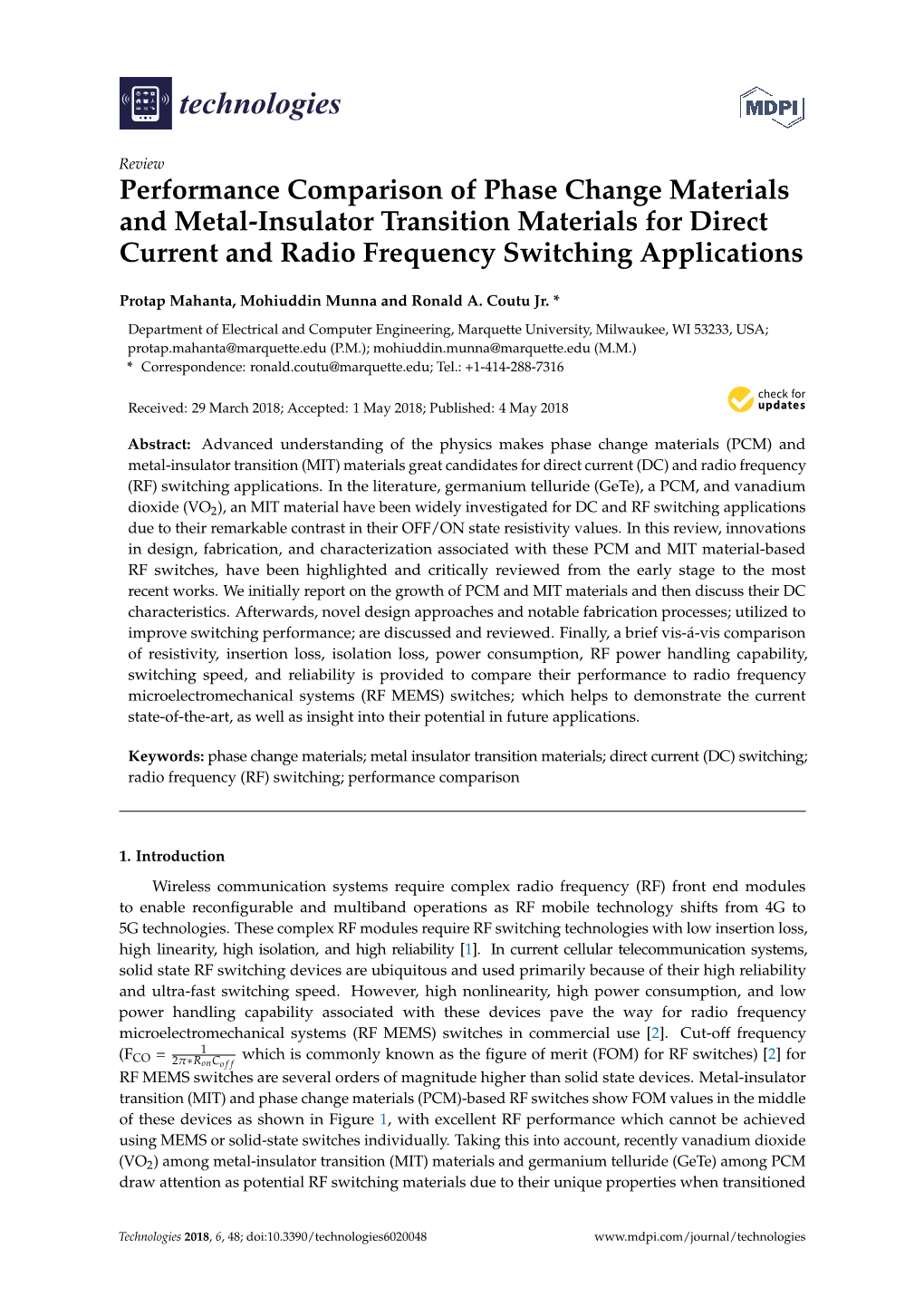 Performance Comparison of Phase Change Materials and Metal-Insulator Transition Materials for Direct Current and Radio Frequency Switching Applications