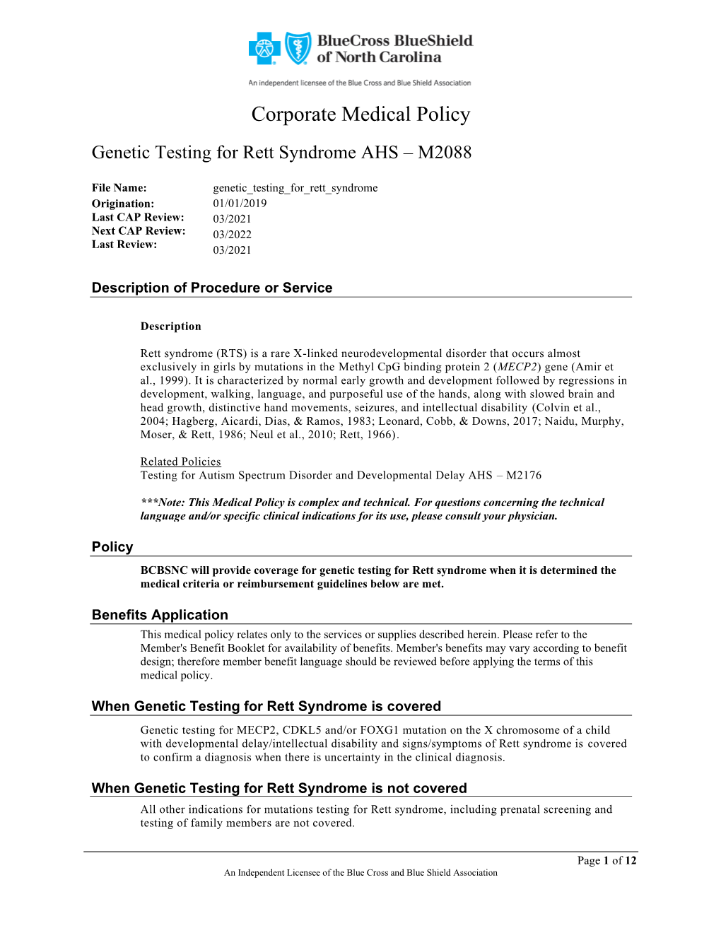 Genetic Testing for Rett Syndrome AHS – M2088