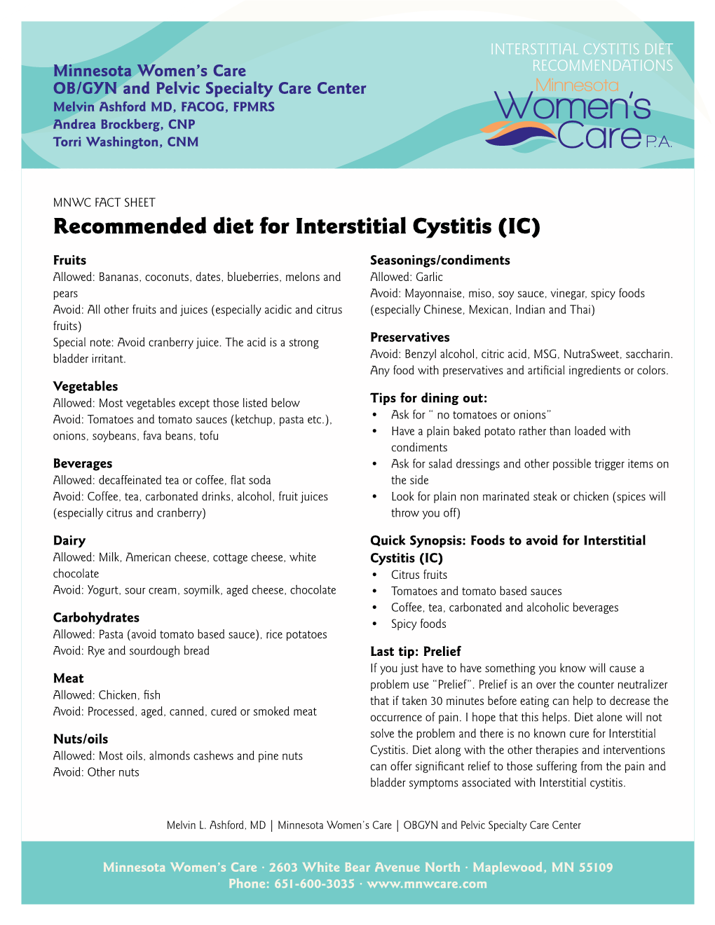 Recommended Diet for Interstitial Cystitis (IC)