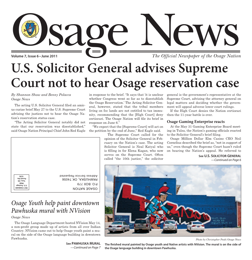 U.S. Solicitor General Advises Supreme Court Not to Hear Osage Reservation Case by Shannon Shaw and Benny Polacca in Response to the Brief