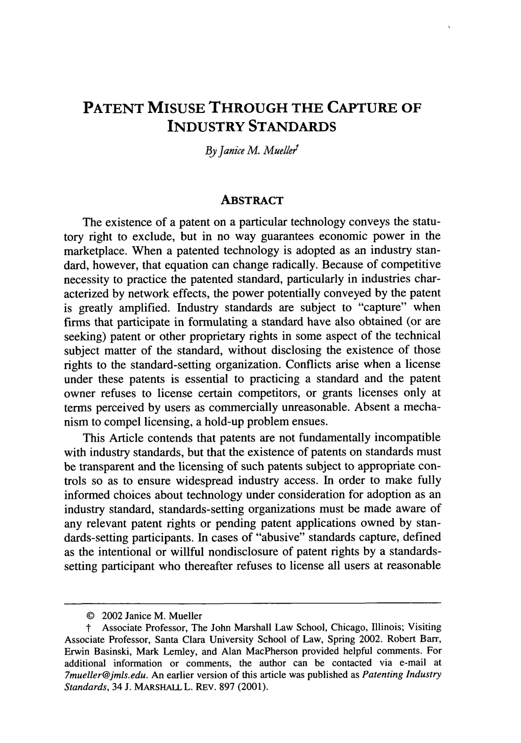 PATENT MISUSE THROUGH the CAPTURE of INDUSTRY STANDARDS by Janice M