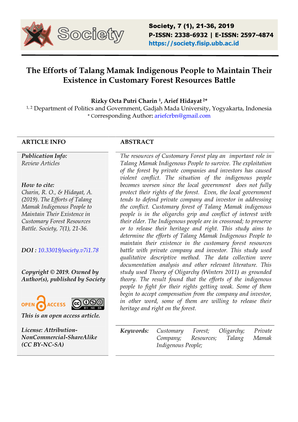 The Efforts of Talang Mamak Indigenous People to Maintain Their Existence in Customary Forest Resources Battle