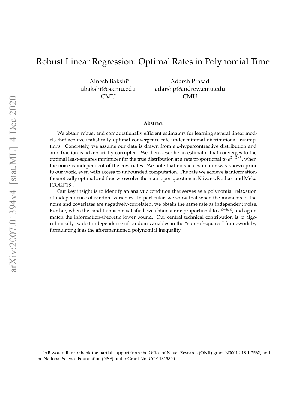 Robust Linear Regression: Optimal Rates in Polynomial Time