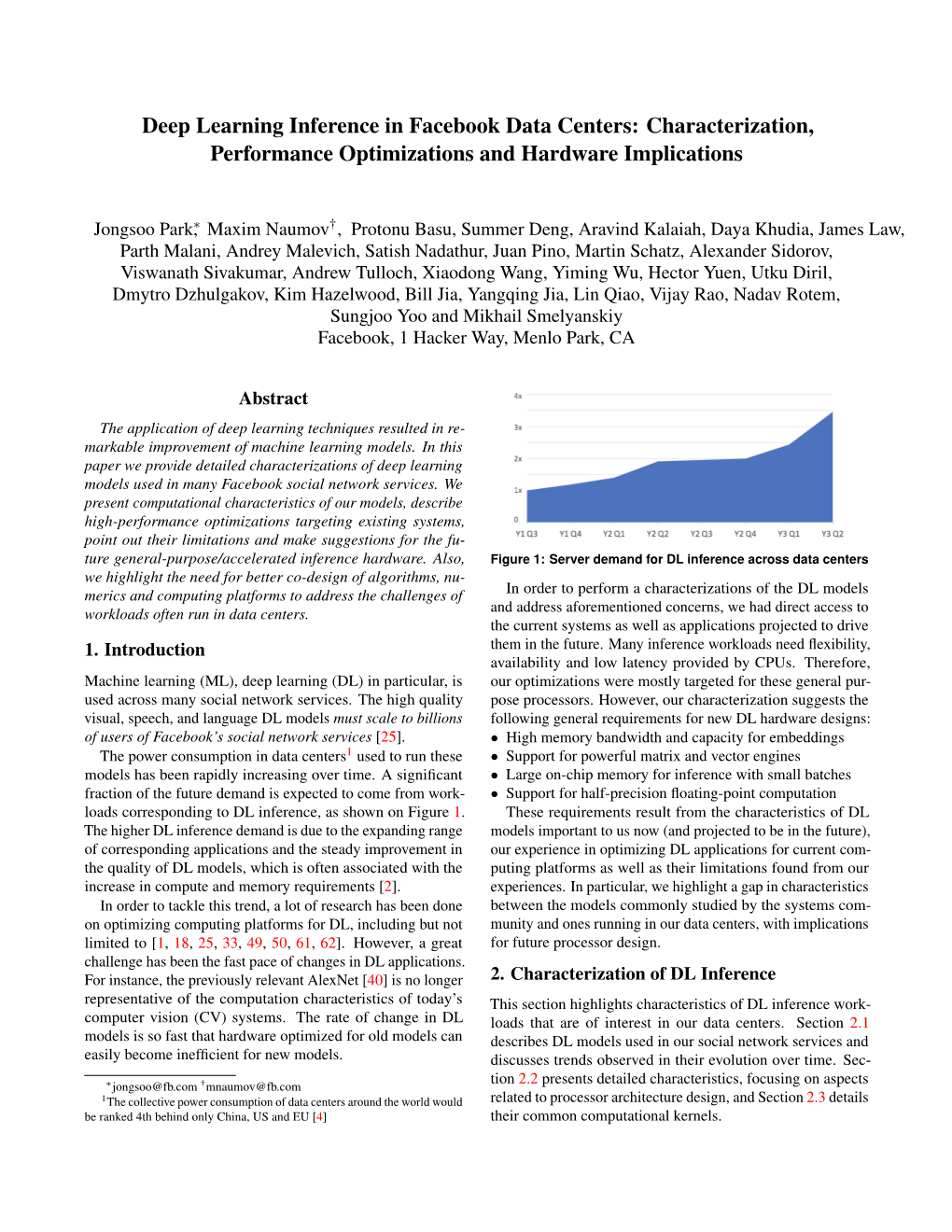 Deep Learning Inference in Facebook Data Centers: Characterization, Performance Optimizations and Hardware Implications