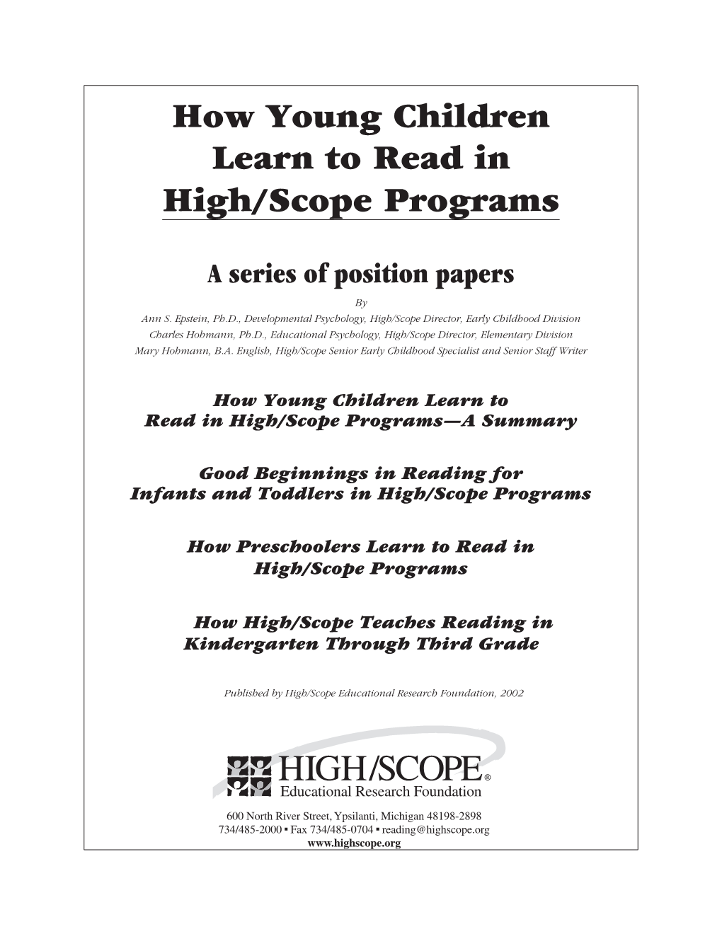 How Young Children Learn to Read in High/Scope Programs