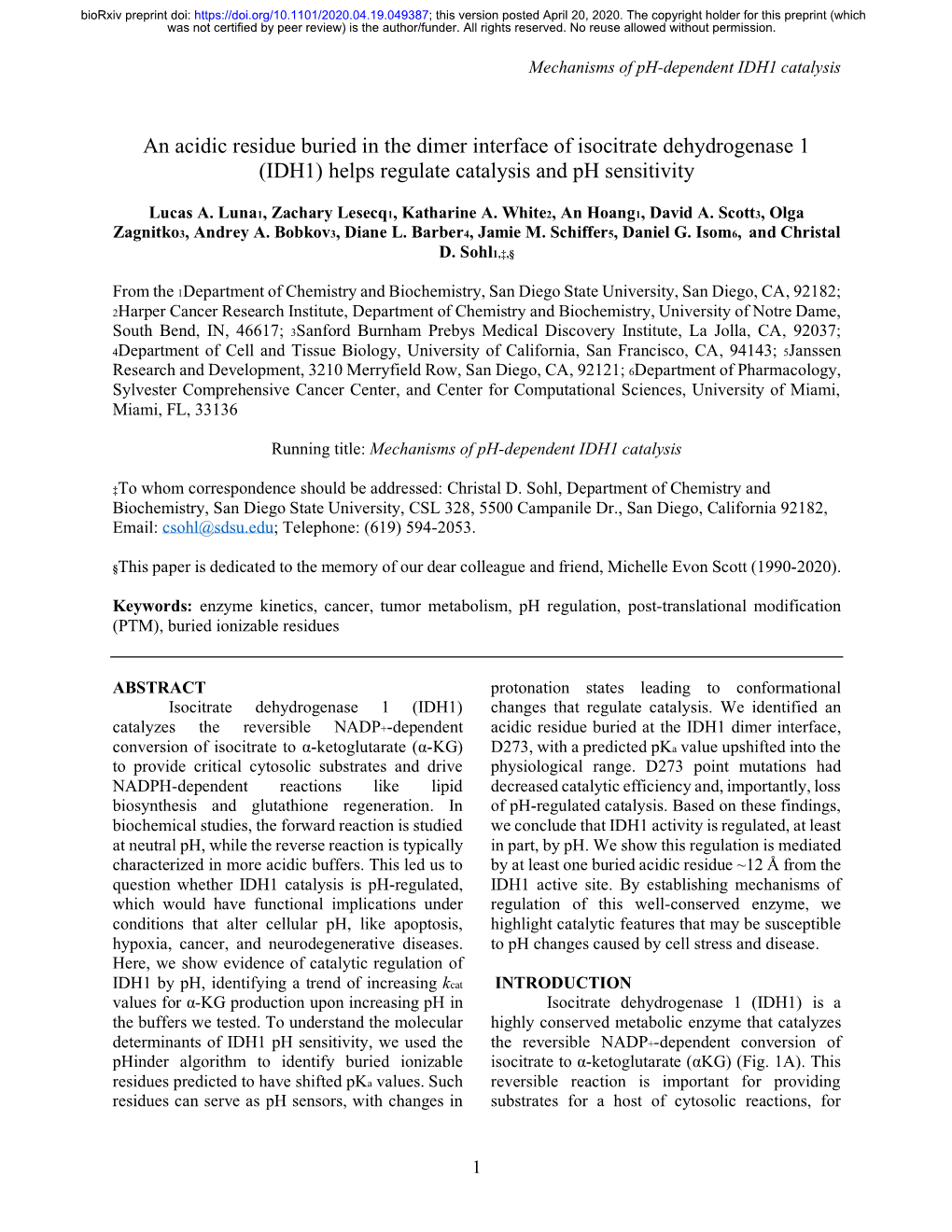 (IDH1) Helps Regulate Catalysis and Ph Sensitivity