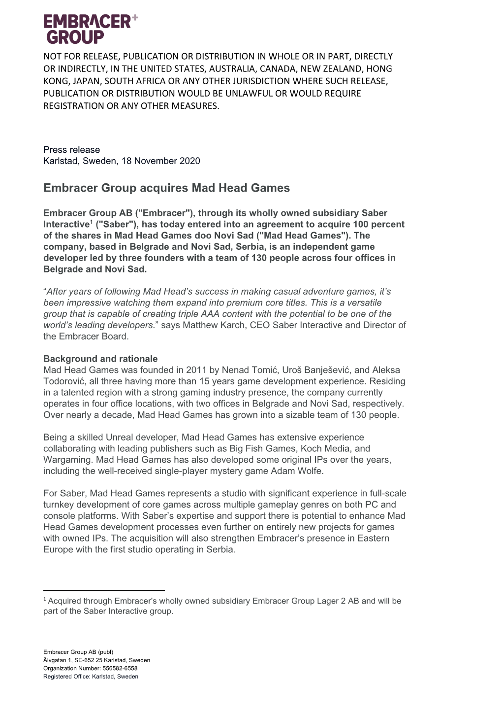 Embracer Group Acquires Mad Head Games