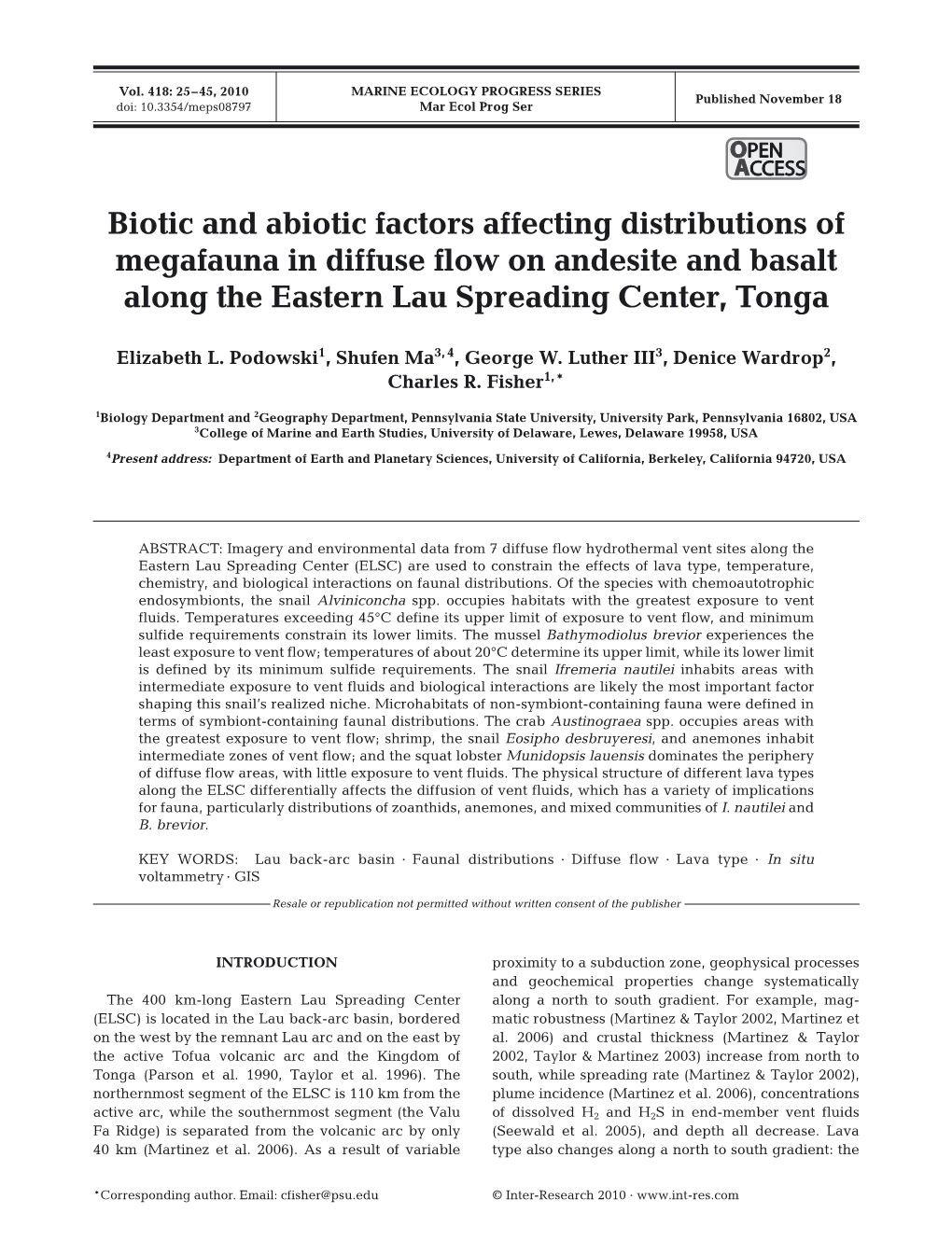 Biotic and Abiotic Factors Affecting Distributions of Megafauna in Diffuse Flow on Andesite and Basalt Along the Eastern Lau Spreading Center, Tonga