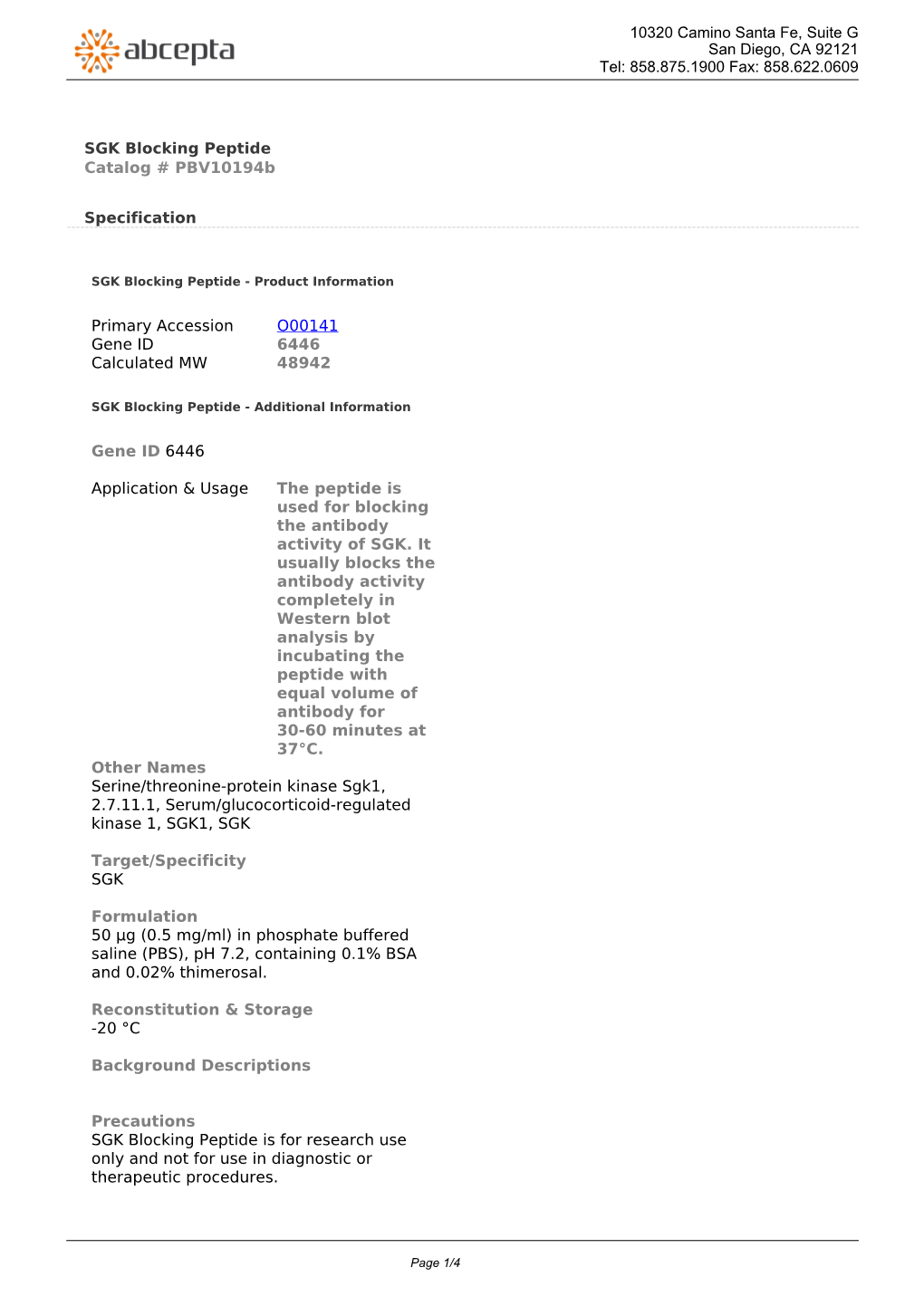 SGK Blocking Peptide Catalog # Pbv10194b