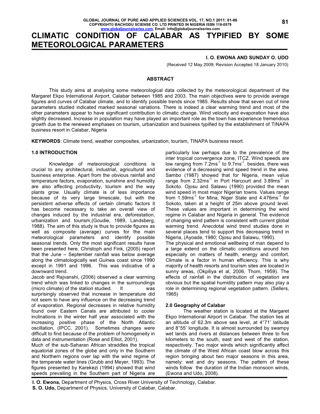 Climatic Condition of Calabar As Typified by Some Meteorological Parameters