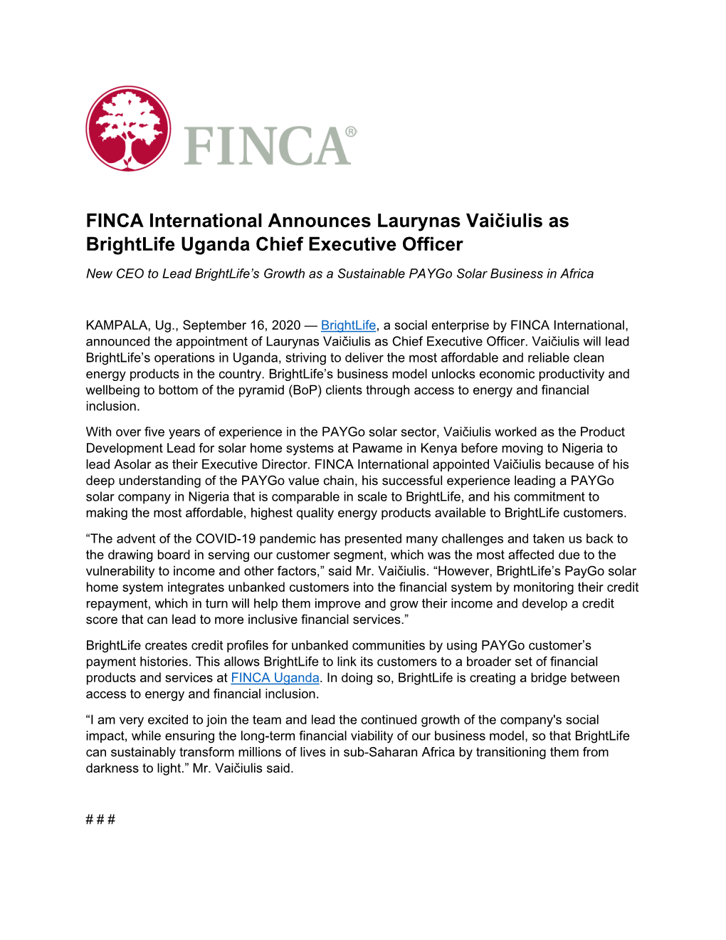 FINCA International Announces Laurynas Vaičiulis As Brightlife Uganda Chief Executive Officer