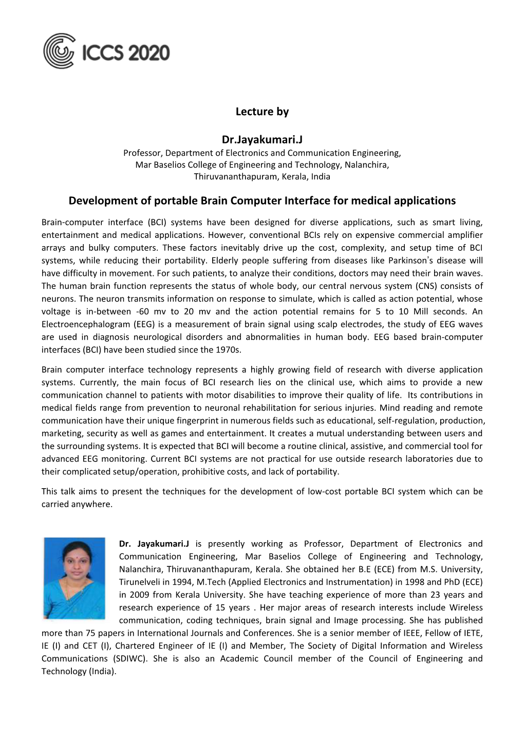 Lecture by Dr.Jayakumari.J Development of Portable Brain