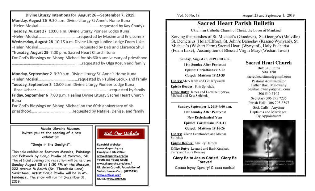 Sacred Heart Parish Bulletin Tuesday, August 27 10:00 A.M