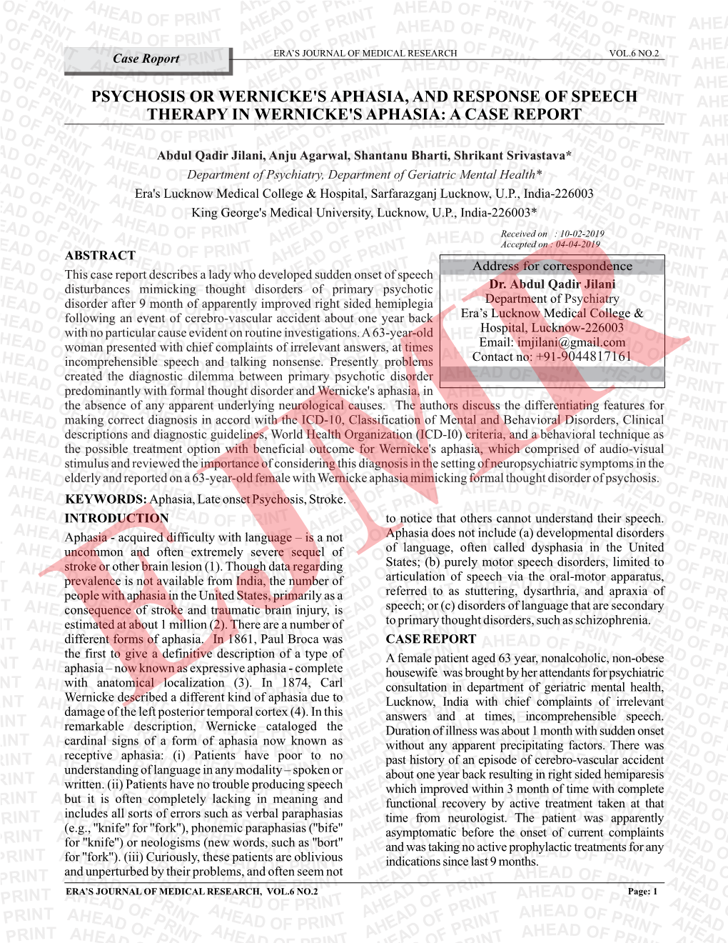 Psychosis Or Wernicke's Aphasia, and Response of Speech Therapy in Wernicke's Aphasia: a Case Report