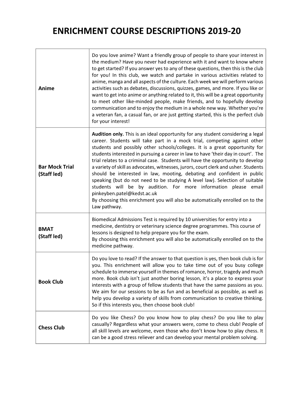 Enrichment Course Descriptions 2019-20