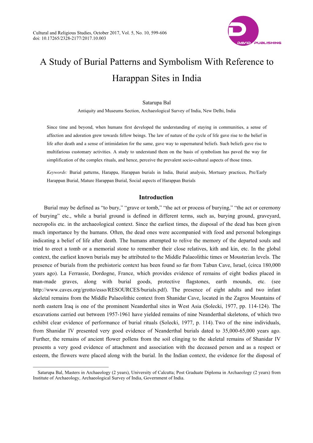A Study of Burial Patterns and Symbolism with Reference to Harappan Sites in India