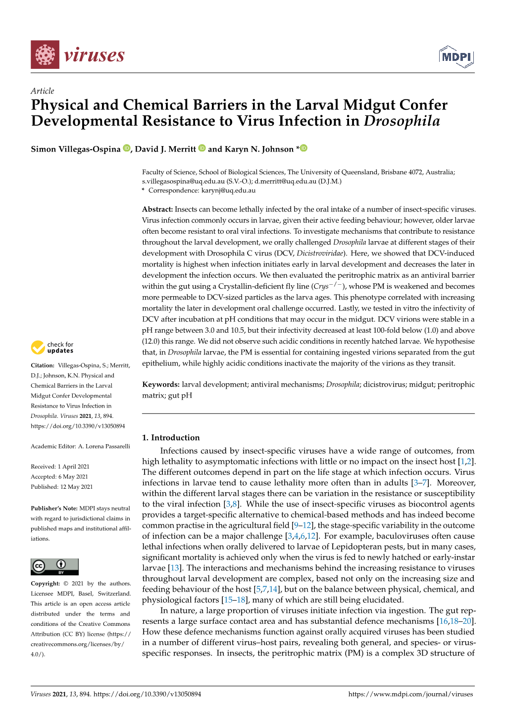 Physical and Chemical Barriers in the Larval Midgut Confer Developmental Resistance to Virus Infection in Drosophila