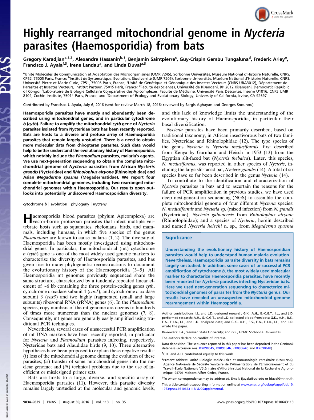 Highly Rearranged Mitochondrial Genome in Nycteria Parasites (Haemosporidia) from Bats