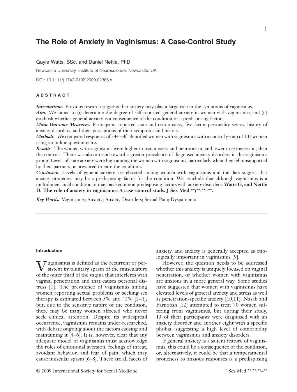 The Role of Anxiety in Vaginismus: a Case-Control Studyjsm 1365 1..6