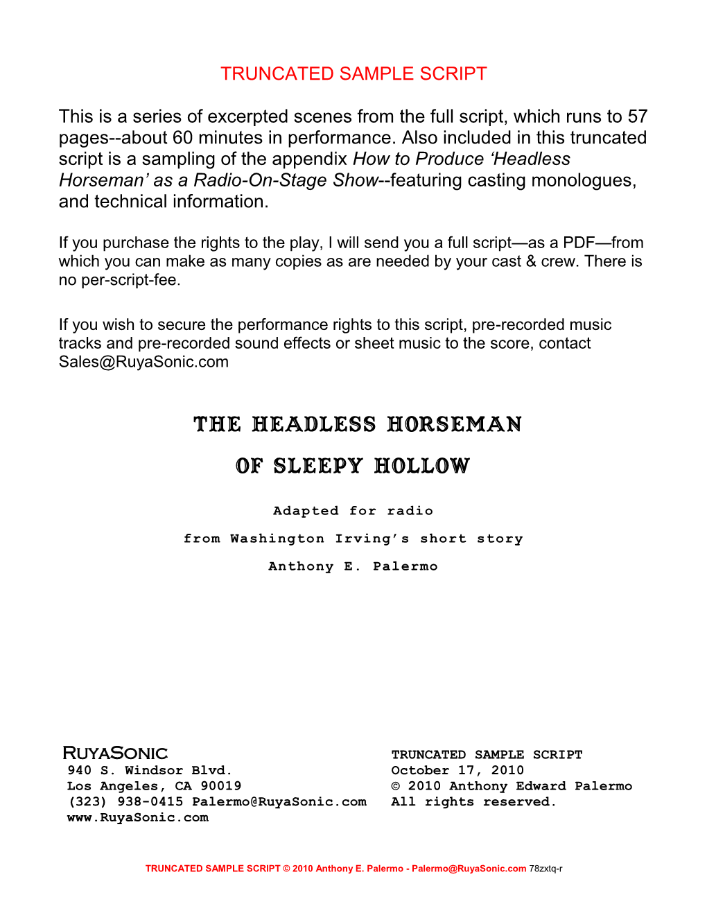 Headless Horseman’ As a Radio-On-Stage Show--Featuring Casting Monologues, and Technical Information