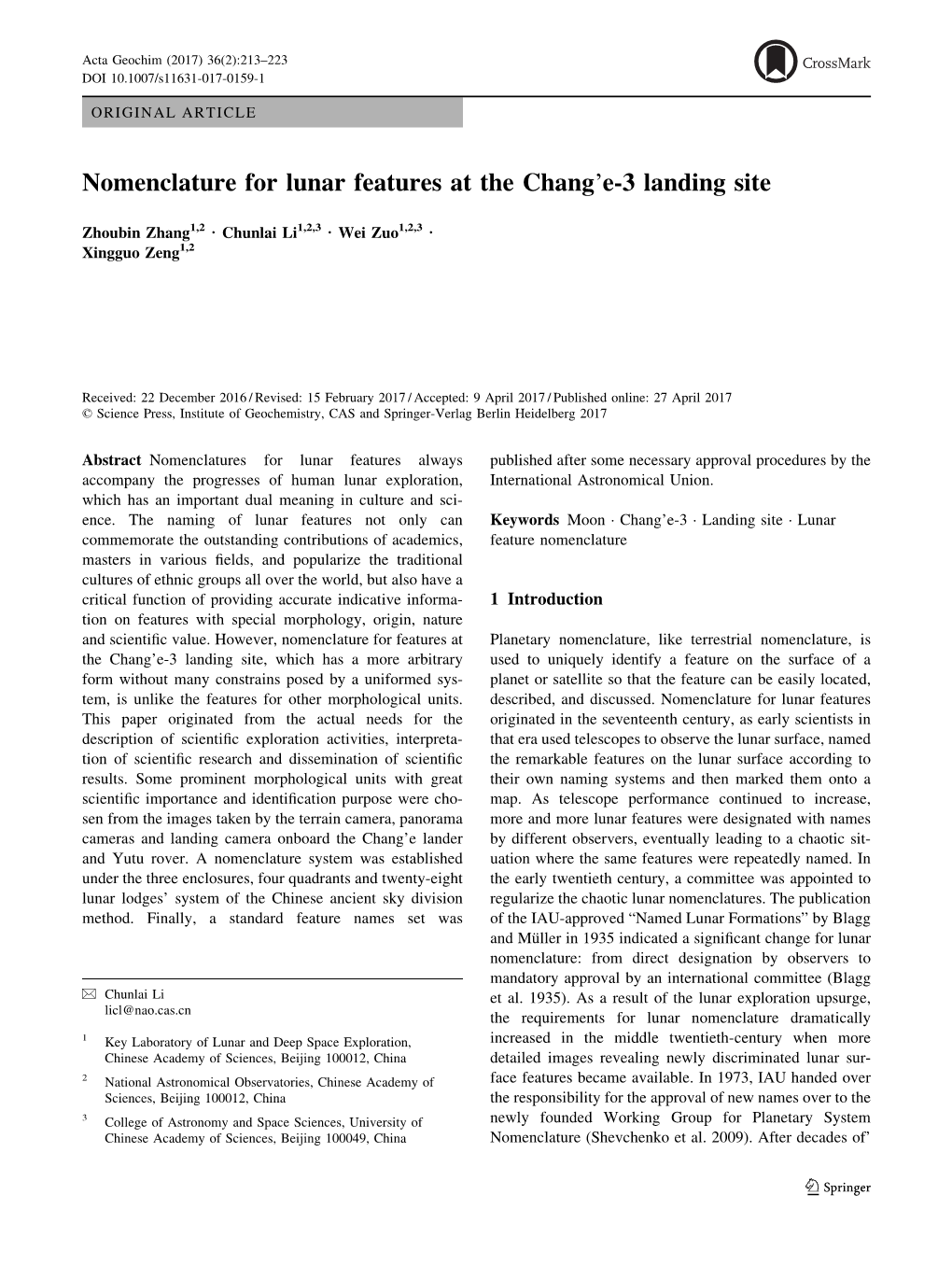 Nomenclature for Lunar Features at the Chang'e-3 Landing Site