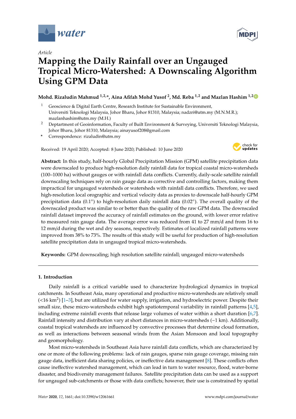 Mapping the Daily Rainfall Over an Ungauged Tropical Micro-Watershed: a Downscaling Algorithm Using GPM Data