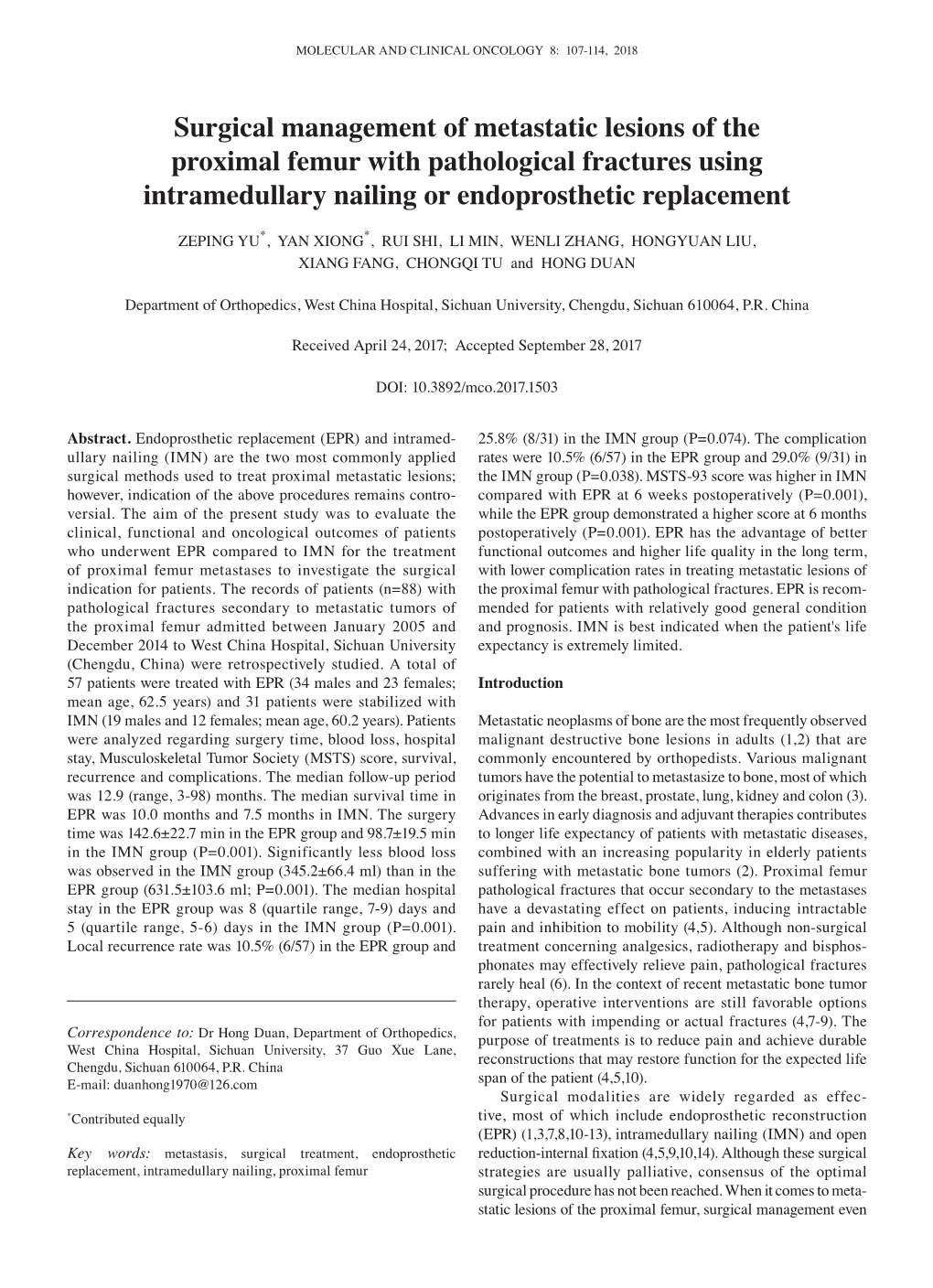 Surgical Management of Metastatic Lesions of the Proximal Femur with Pathological Fractures Using Intramedullary Nailing Or Endoprosthetic Replacement