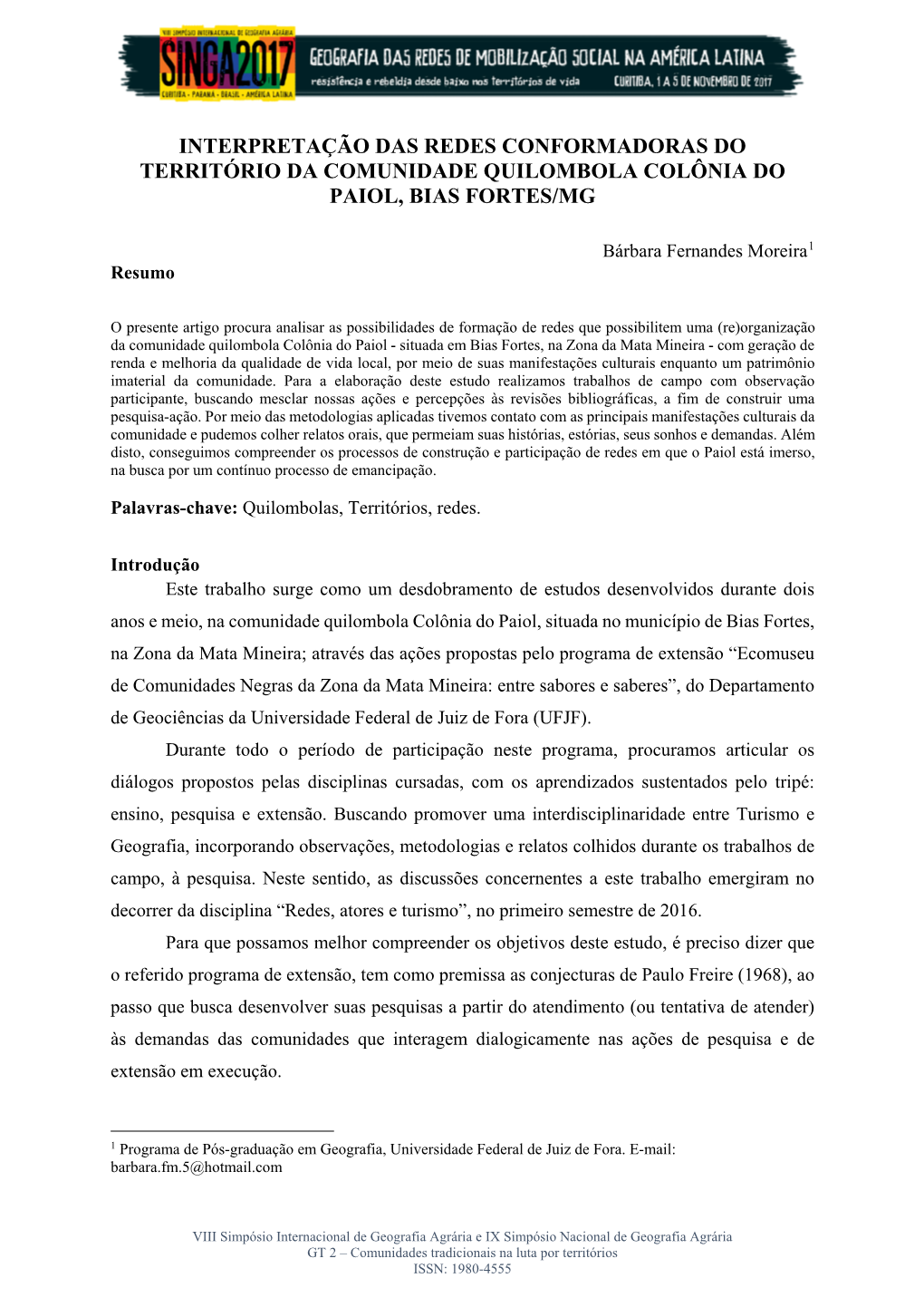 Interpretação Das Redes Conformadoras Do Território Da Comunidade Quilombola Colônia Do Paiol, Bias Fortes/Mg