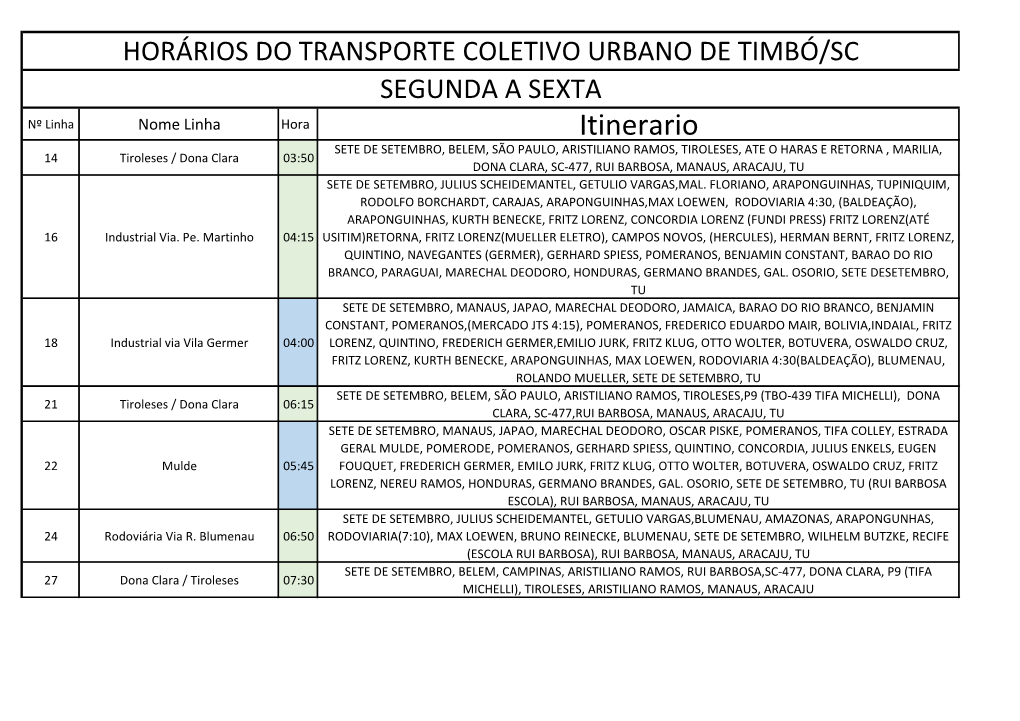 Horários Do Transporte Coletivo Urbano Timbó