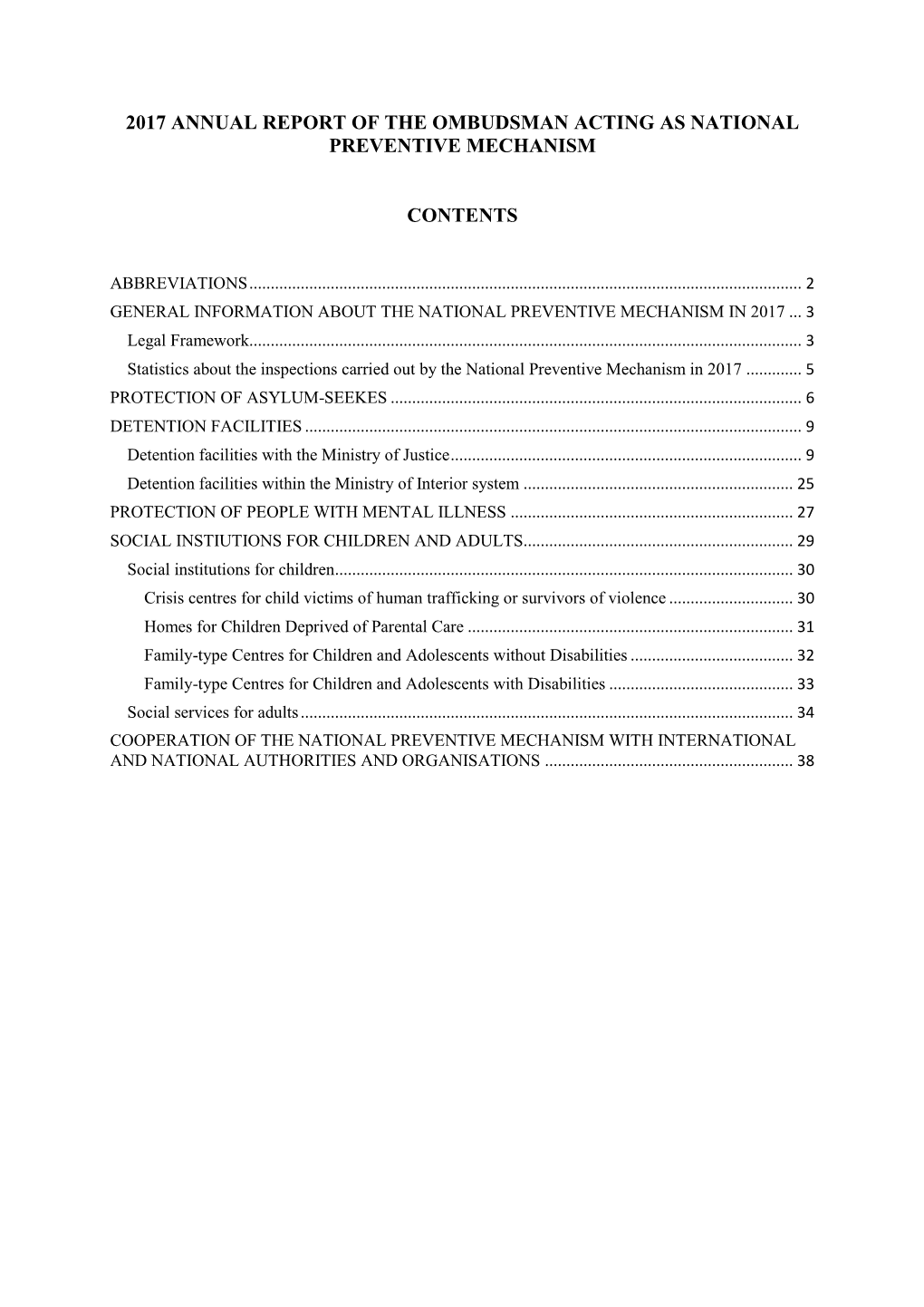 2017 Annual Report of the Ombudsman Acting As National Preventive Mechanism Contents