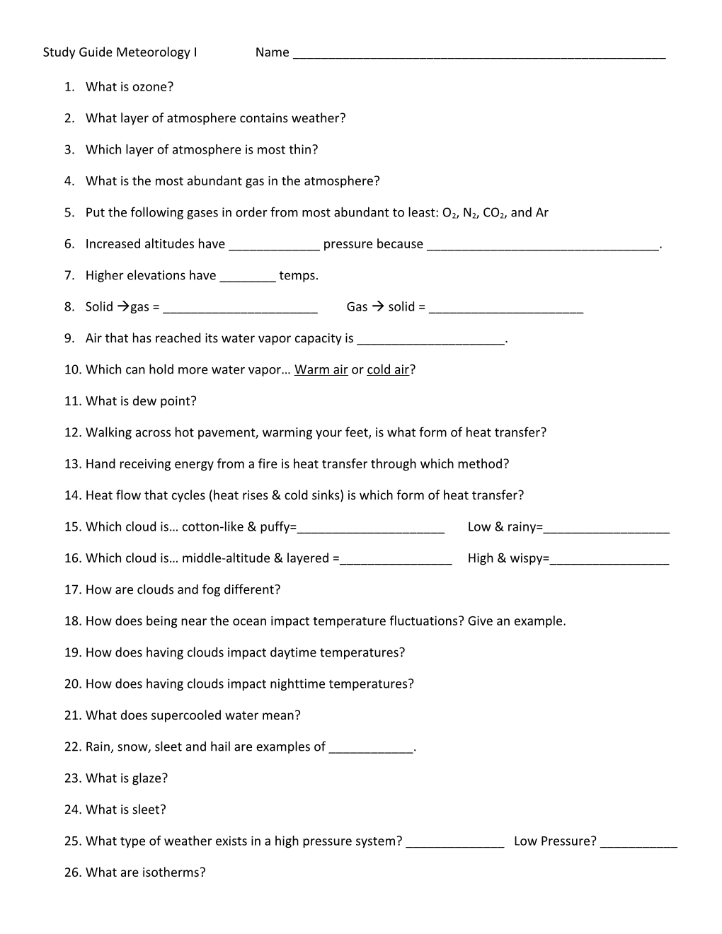 Study Guide Meteorology I Name ______