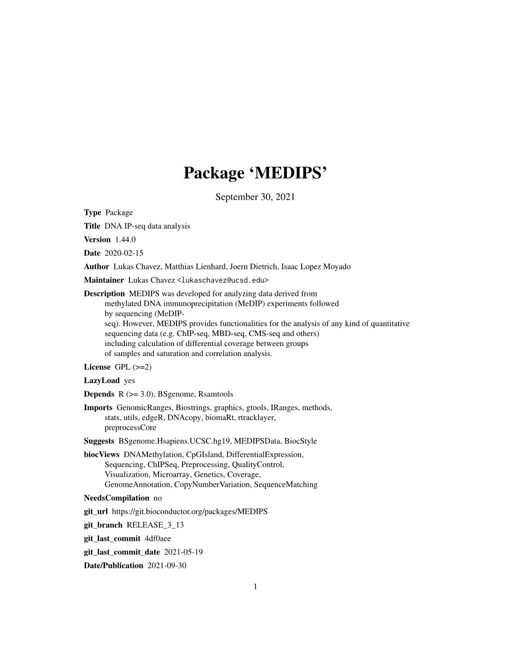 MEDIPS: DNA IP-Seq Data Analysis