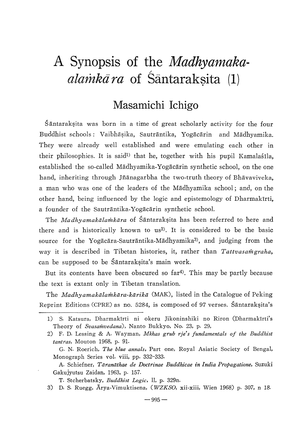 A Synopsis of the Madhyamaka- Alazkdra of Sntaraksita (1)