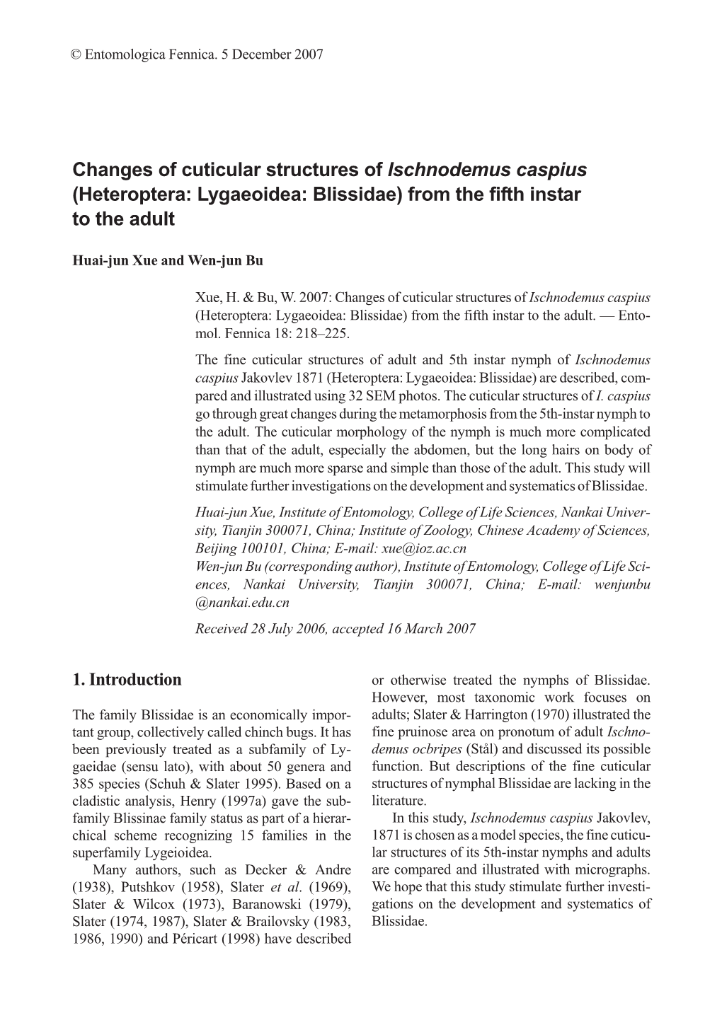 Changes of Cuticular Structures of Ischnodemus Caspius (Heteroptera: Lygaeoidea: Blissidae) from the Fifth Instar to the Adult