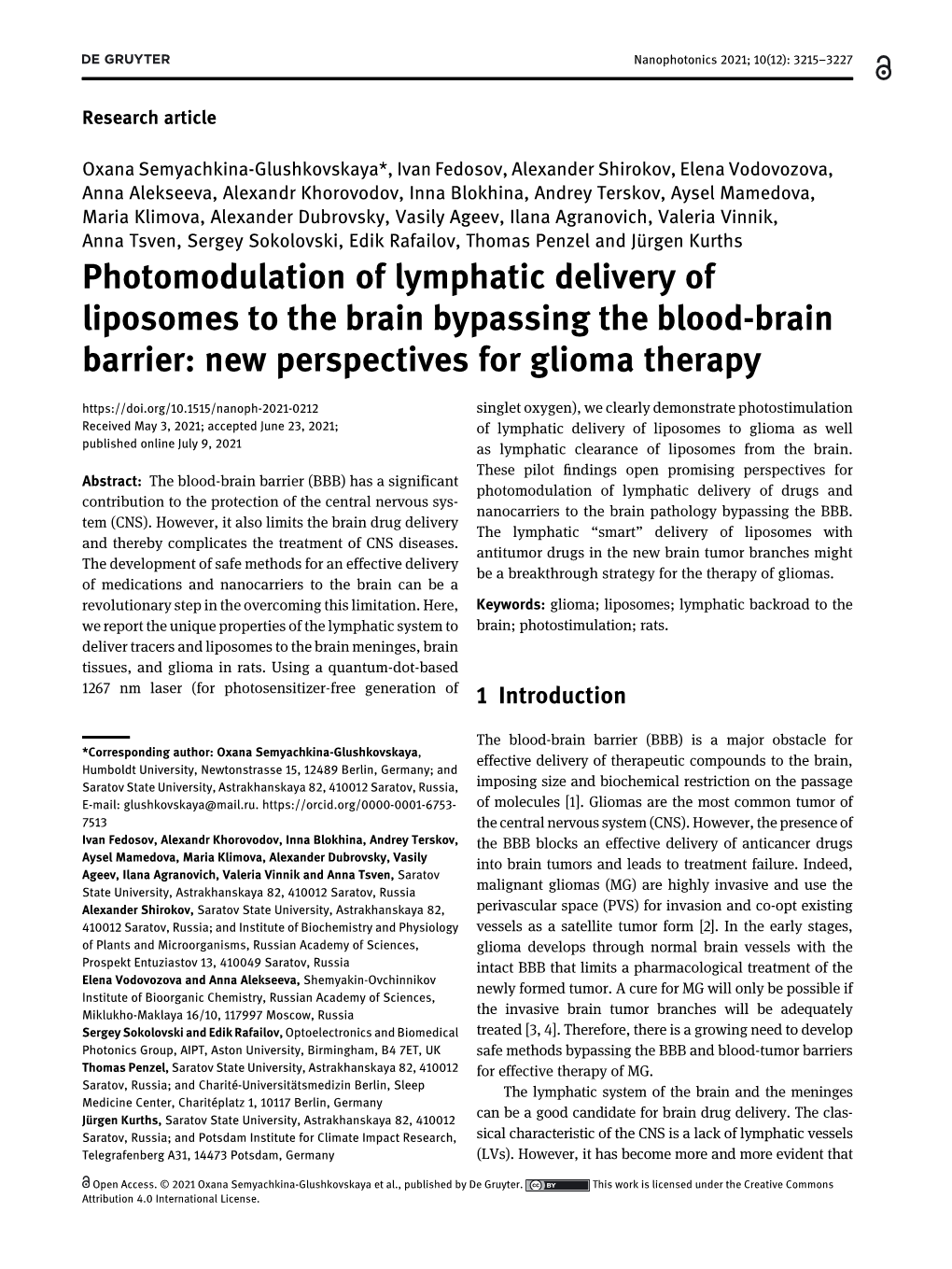 Photomodulation of Lymphatic Delivery of Liposomes to the Brain Bypassing