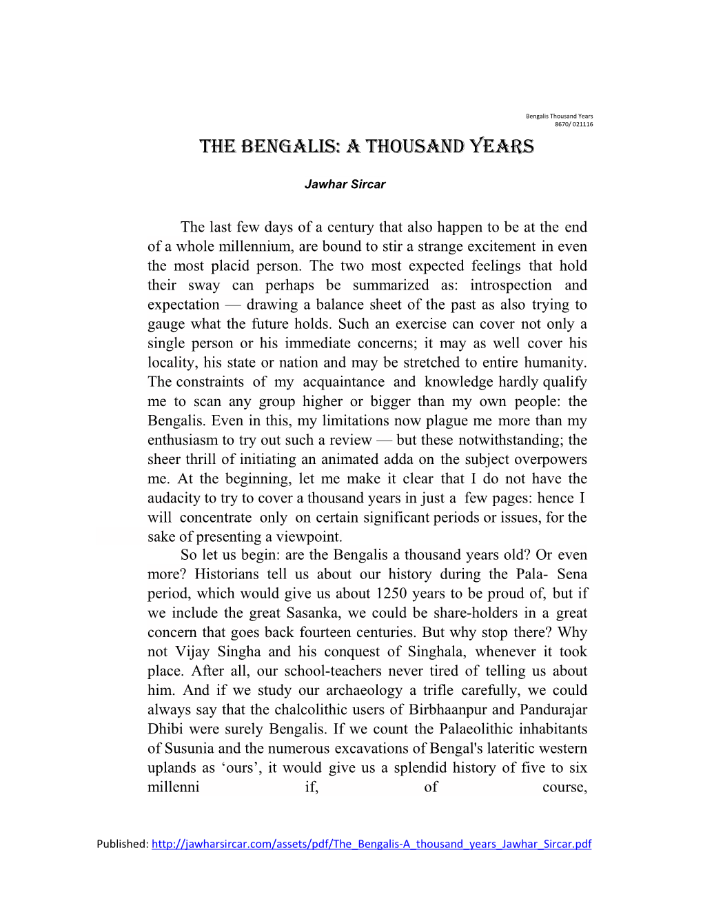 The Bengalis: a Thousand Years