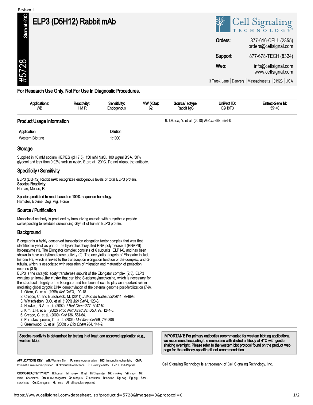 ELP3 (D5H12) Rabbit Mab A