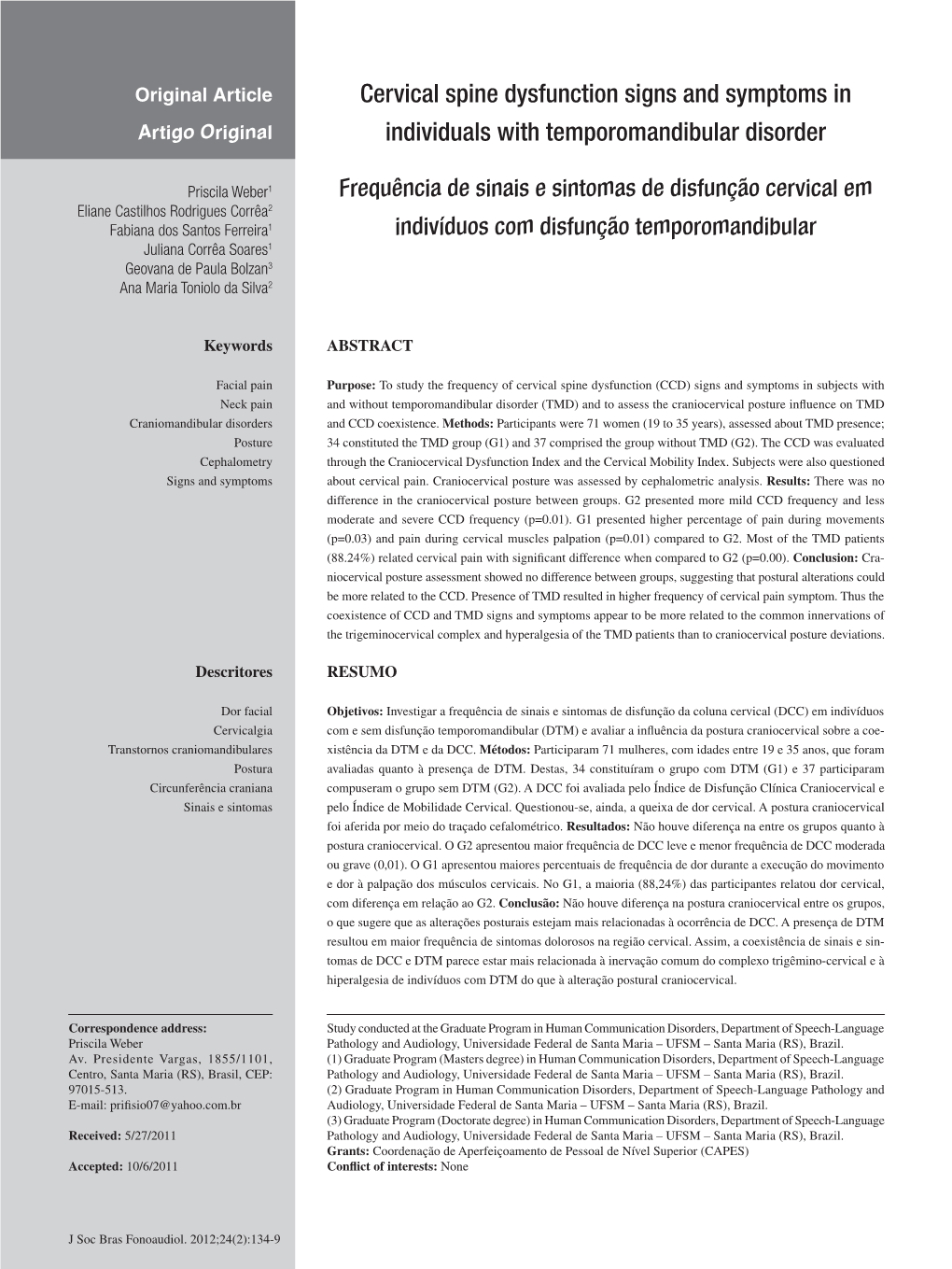 Cervical Spine Dysfunction Signs and Symptoms in Individuals with Temporomandibular Disorder