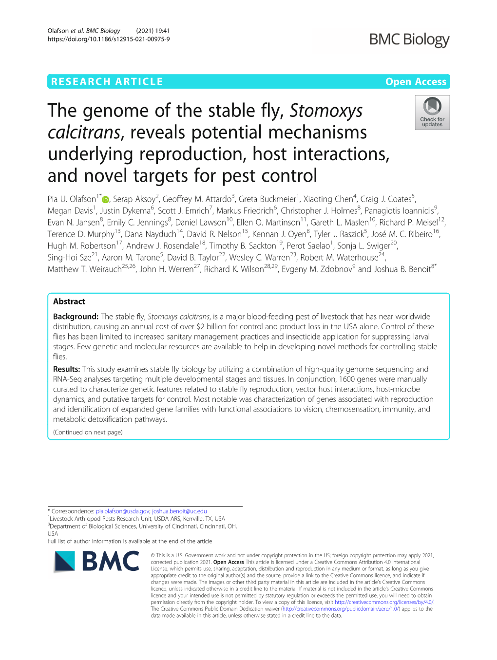 The Genome of the Stable Fly, Stomoxys Calcitrans, Reveals Potential Mechanisms Underlying Reproduction, Host Interactions, and Novel Targets for Pest Control Pia U