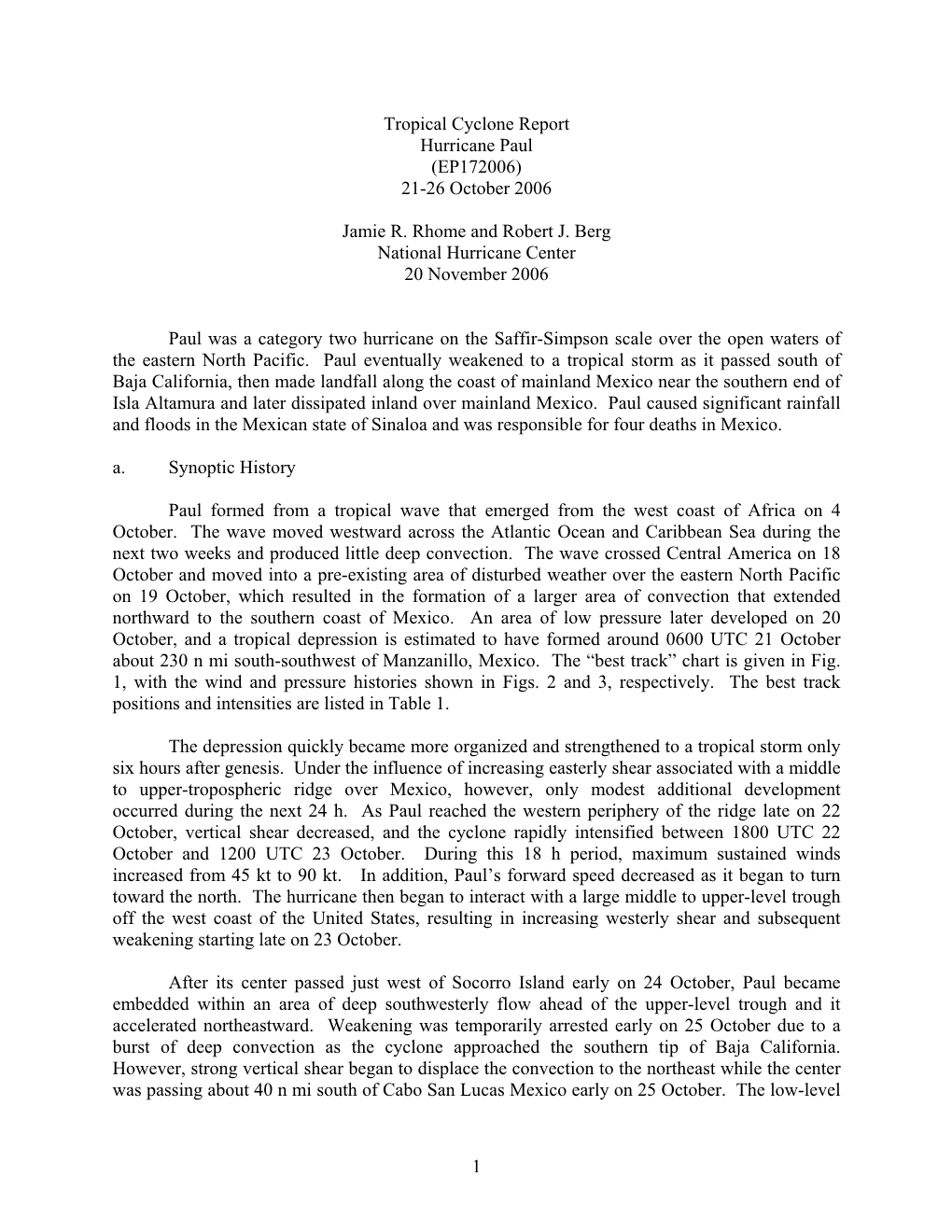 Tropical Cyclone Report Hurricane Paul (EP172006) 21-26 October 2006