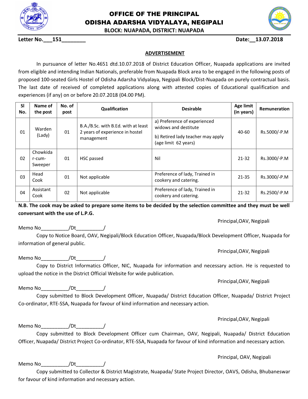 NUAPADA, DISTRICT: NUAPADA Letter No.___151______Date:__13.07.2018