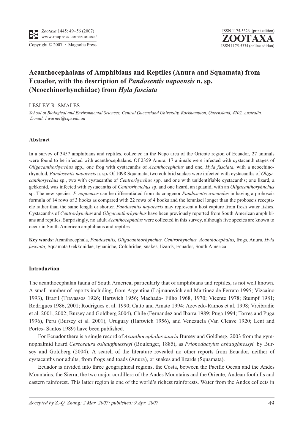 Zootaxa,Acanthocephalans of Amphibians and Reptiles