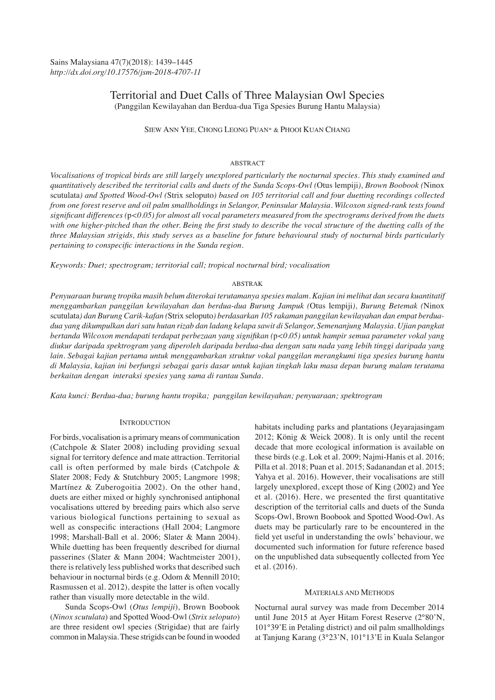 Territorial and Duet Calls of Three Malaysian Owl Species (Panggilan Kewilayahan Dan Berdua-Dua Tiga Spesies Burung Hantu Malaysia)