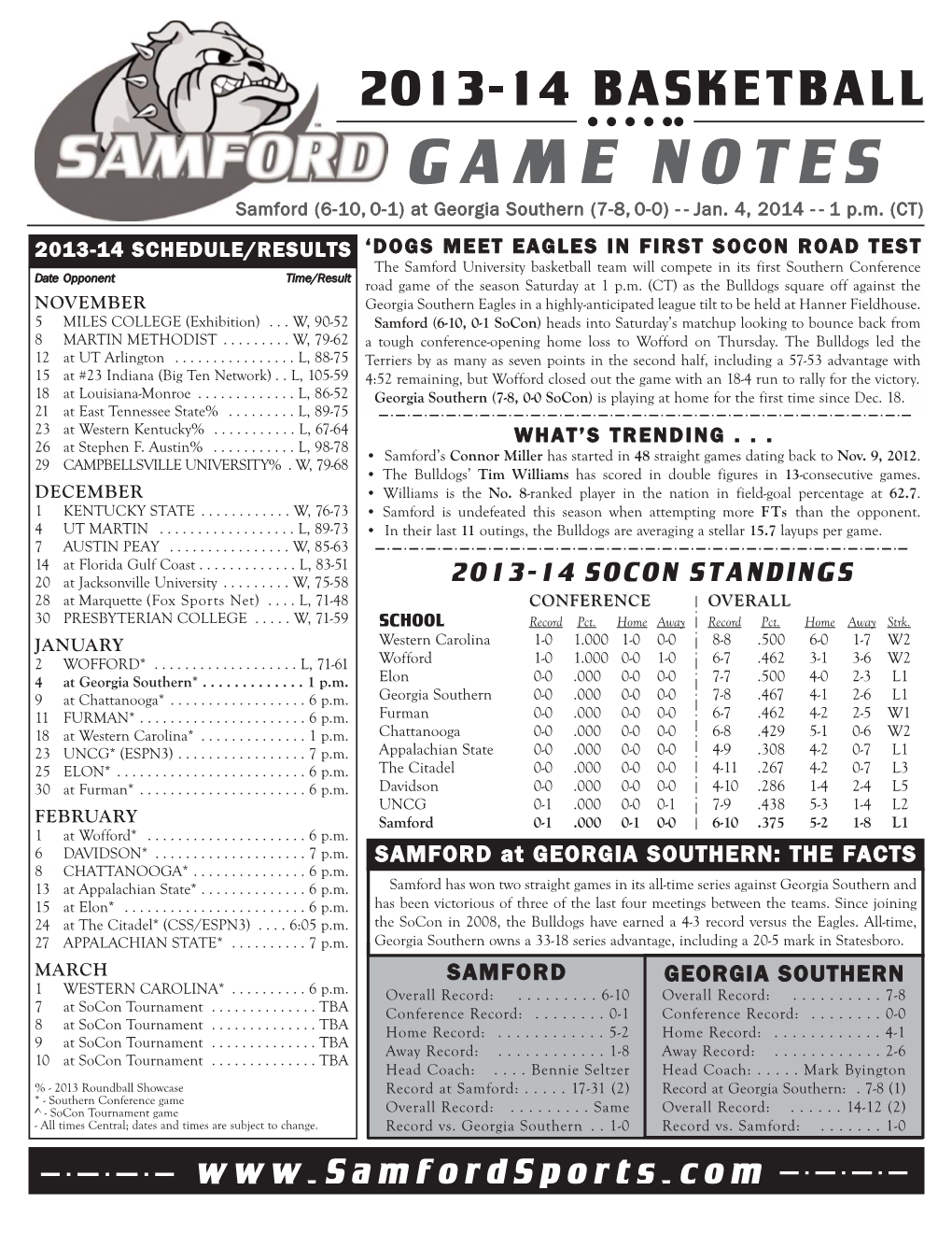 GAME NOTES Samford (6-10, 0-1) at Georgia Southern (7-8, 0-0) - - Jan