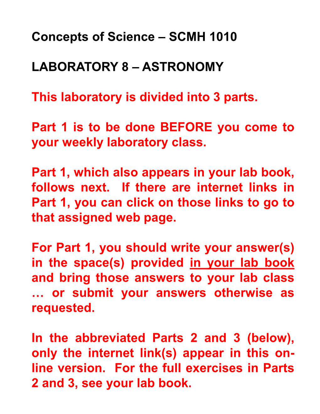 Concepts of Science – SCMH 1010 LABORATORY 8 – ASTRONOMY