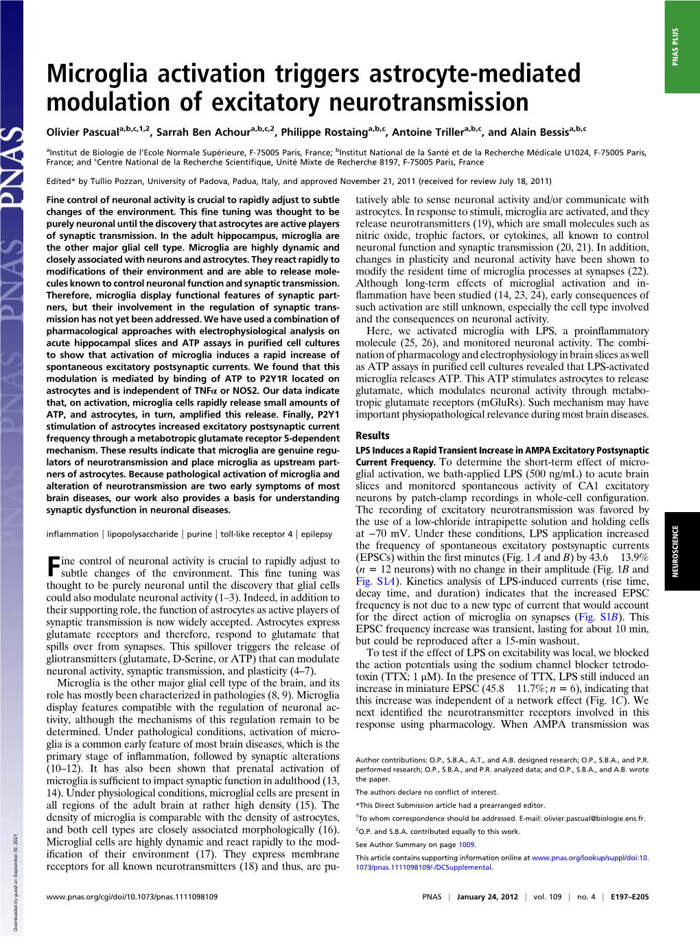 Microglia Activation Triggers Astrocyte-Mediated Modulation of Excitatory Neurotransmission