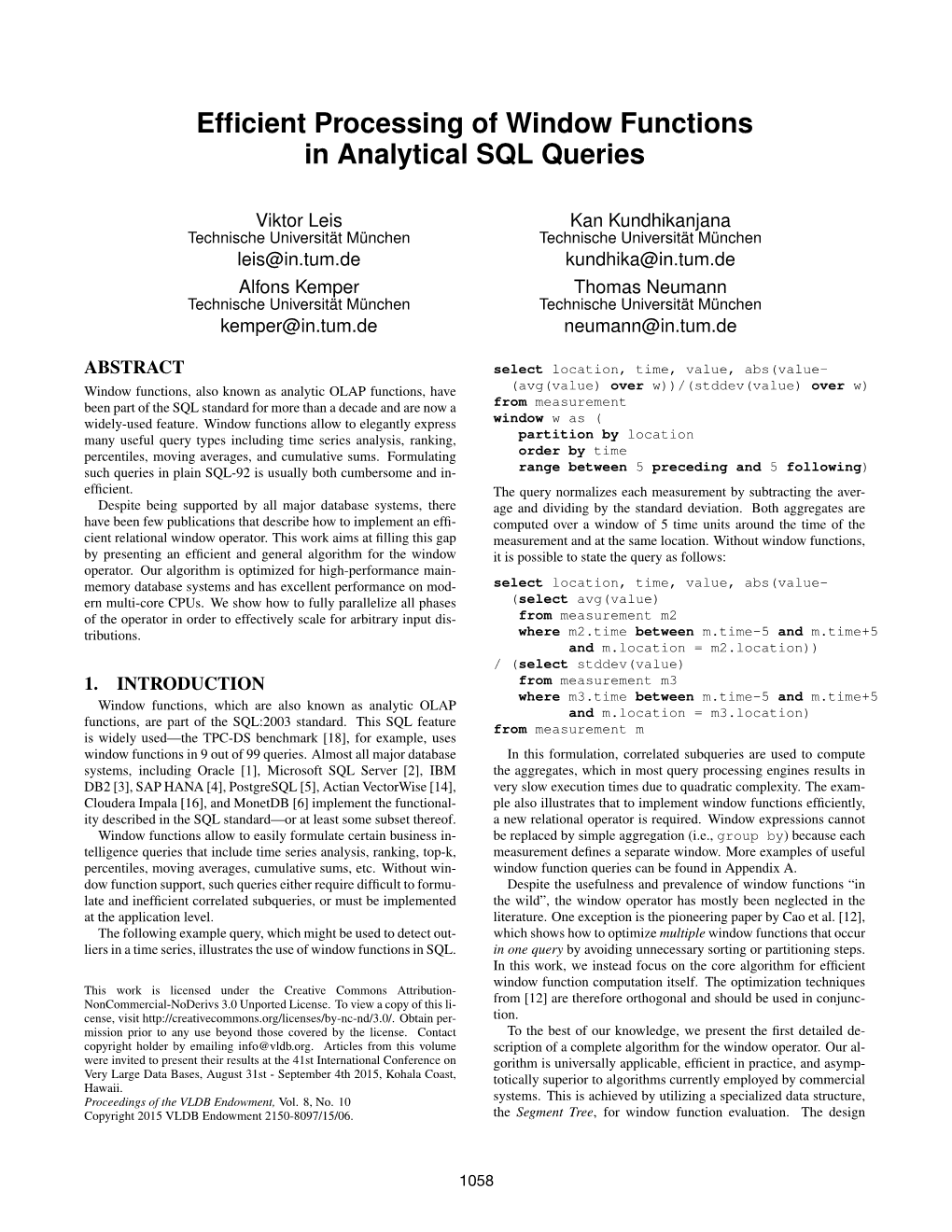 Efficient Processing of Window Functions in Analytical SQL Queries