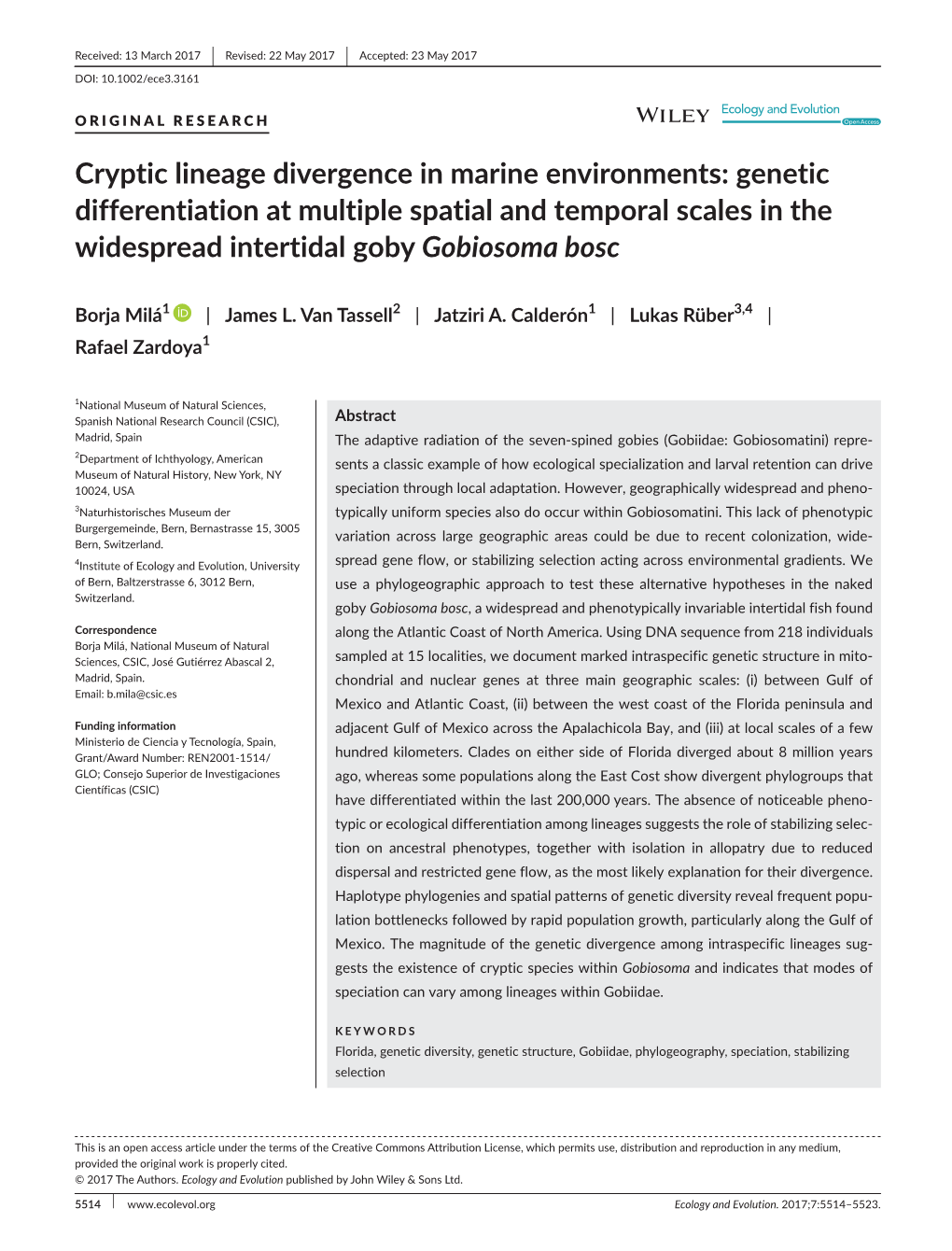 Cryptic Lineage Divergence in Marine Environments: Genetic Differentiation at Multiple Spatial and Temporal Scales in the Widespread Intertidal Goby Gobiosoma Bosc