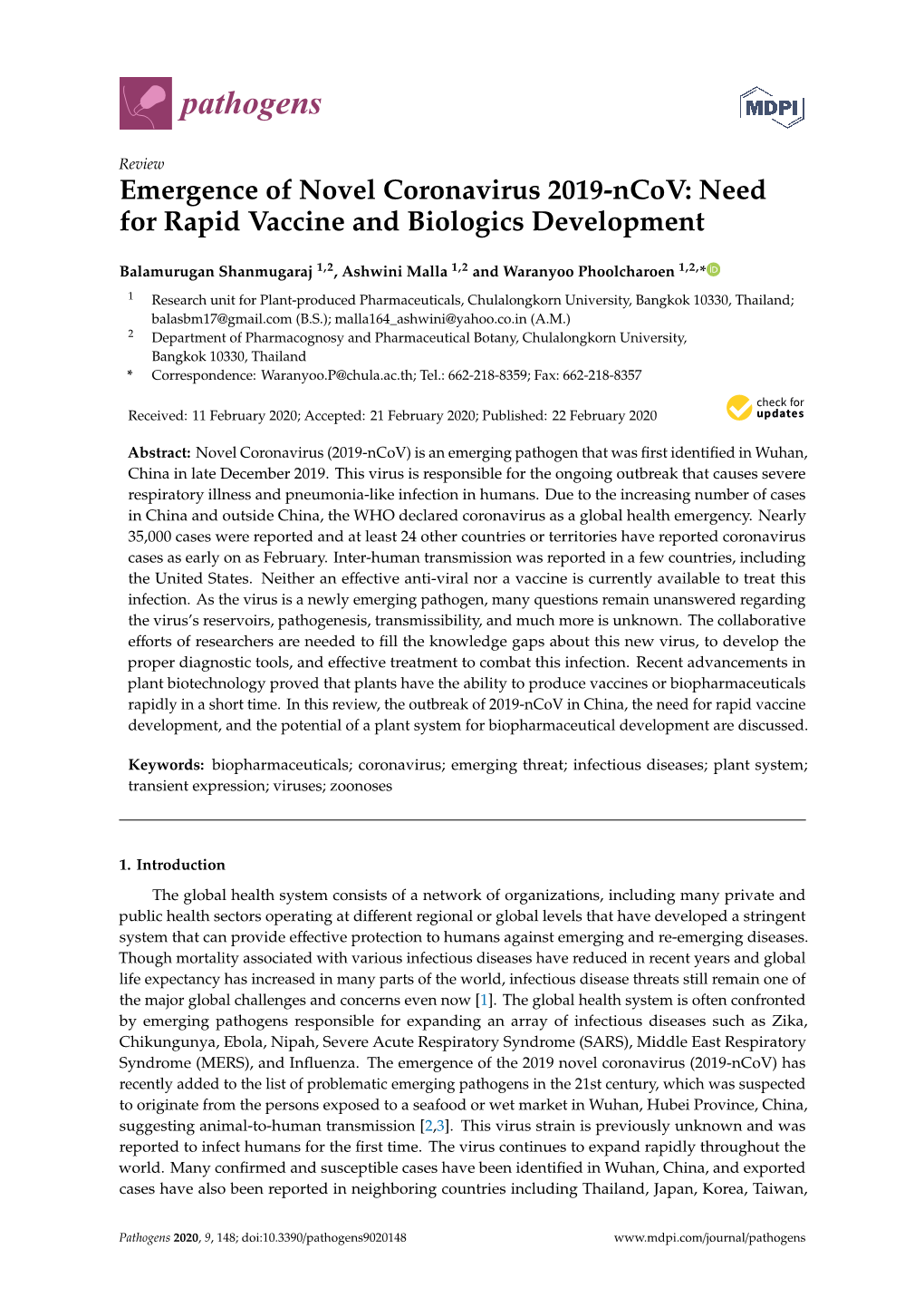 Emergence of Novel Coronavirus 2019-Ncov: Need for Rapid Vaccine and Biologics Development