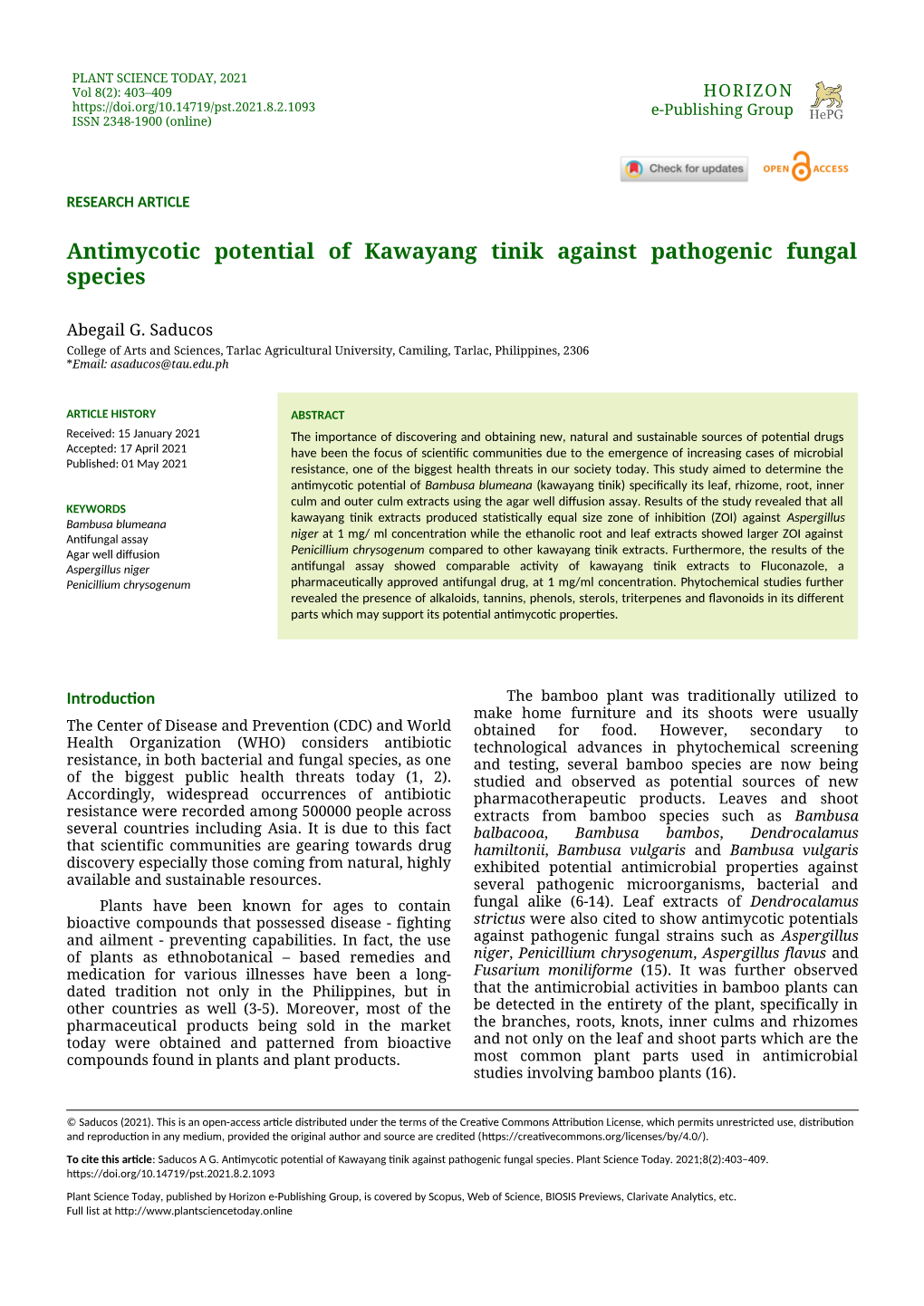 PLANT SCIENCE TODAY, 2021 Vol 8(2): 403–409 HORIZON E-Publishing Group ISSN 2348-1900 (Online)